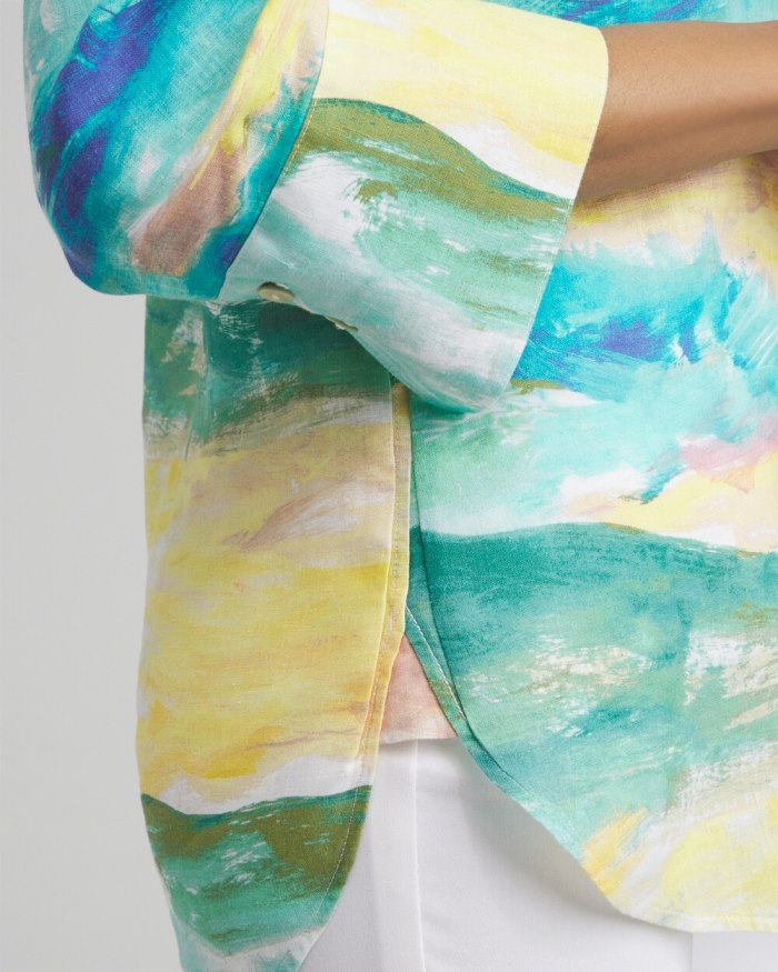 Chicos No Iron Linen Watercolor 3/4 Sleeve Shirt - Cool Water Chicos No Iron Linen Watercolor 3/4 Sleeve Shirt - Cool Water