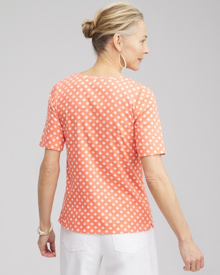 Chicos Checkered Everyday Elbow Sleeve Tee - Nectarine Chicos Checkered Everyday Elbow Sleeve Tee - Nectarine