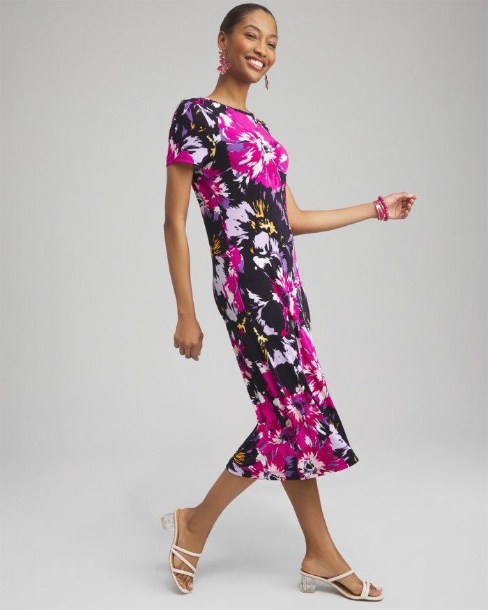 Chicos Travelers Floral Cap Sleeve Midi Dress - Magenta Rose Chicos Travelers Floral Cap Sleeve Midi Dress - Magenta Rose