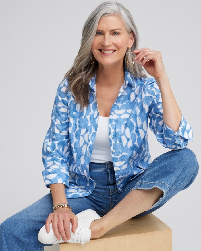 Chicos No Iron 3/4 Sleeve Half Moon Shirt - Azores Blue Chicos No Iron 3/4 Sleeve Half Moon Shirt - Azores Blue