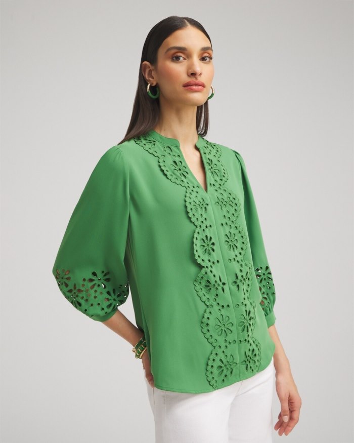Chicos Satin Eyelet Top - Verdant Green Chicos Satin Eyelet Top - Verdant Green