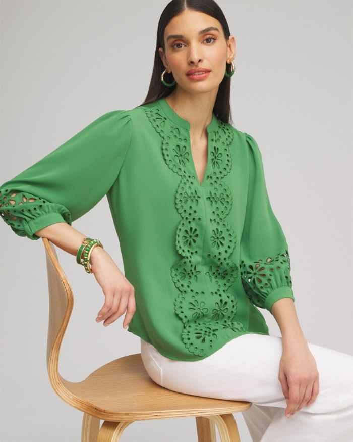 Chicos Satin Eyelet Top - Verdant Green Chicos Satin Eyelet Top - Verdant Green