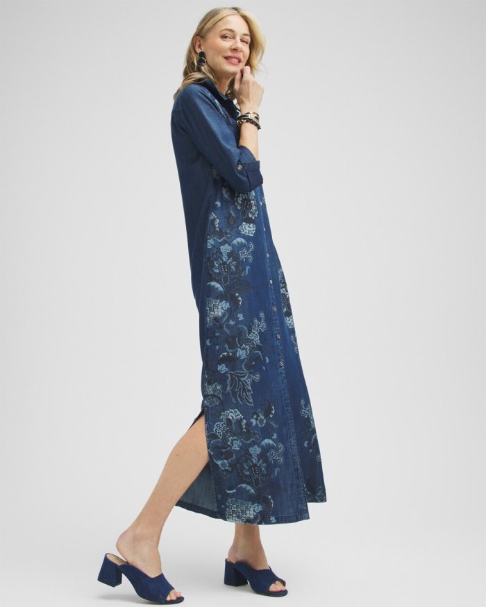 Chicos Chambray Roll Tab Floral Maxi Dress - Blue Chicos Chambray Roll Tab Floral Maxi Dress - Blue