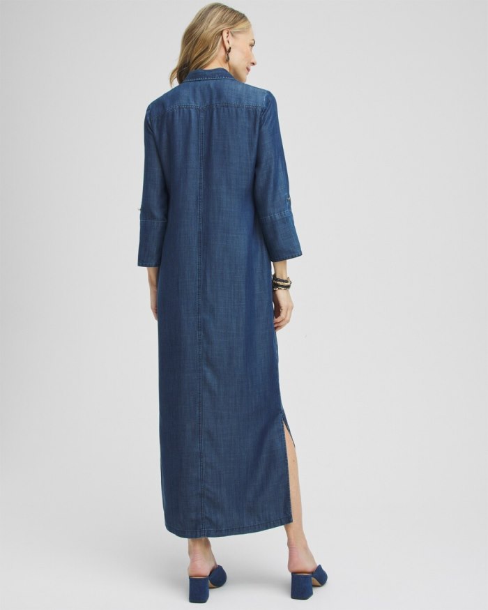 Chicos Chambray Roll Tab Floral Maxi Dress - Blue Chicos Chambray Roll Tab Floral Maxi Dress - Blue