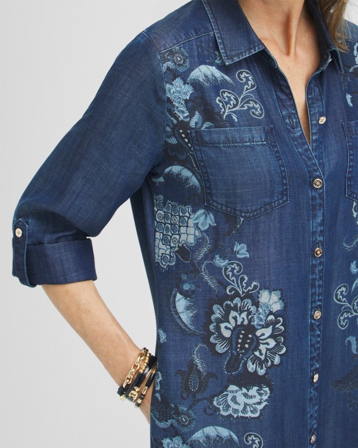 Chicos Chambray Roll Tab Floral Maxi Dress - Blue Chicos Chambray Roll Tab Floral Maxi Dress - Blue