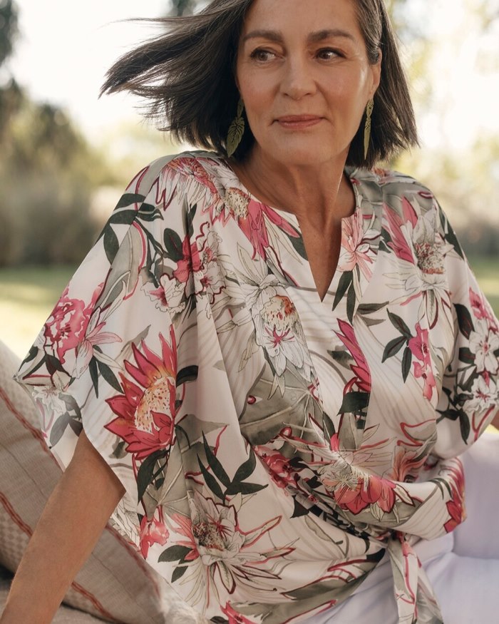 Chicos Satin Floral Tie Front Top - PINK BROMELIAD Chicos Satin Floral Tie Front Top - PINK BROMELIAD