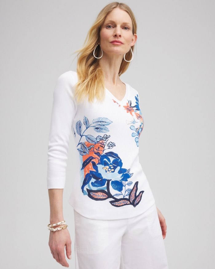 Chicos Floral Everyday 3/4 Sleeve Tee - Alabaster Chicos Floral Everyday 3/4 Sleeve Tee - Alabaster