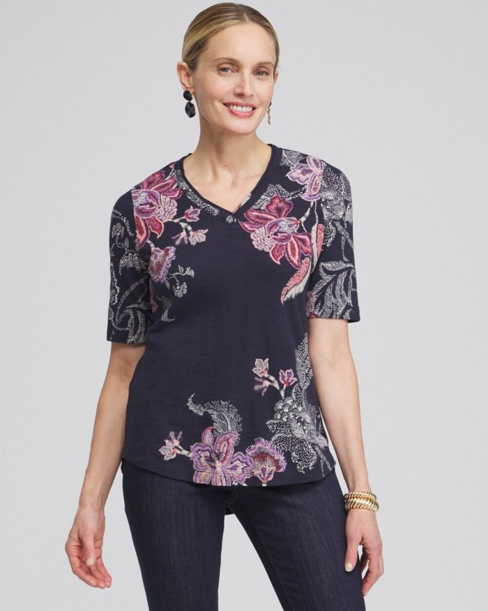 Chicos Placed Floral Elbow Sleeve A-line Tee - Ginger Rose Chicos Placed Floral Elbow Sleeve A-line Tee - Ginger Rose