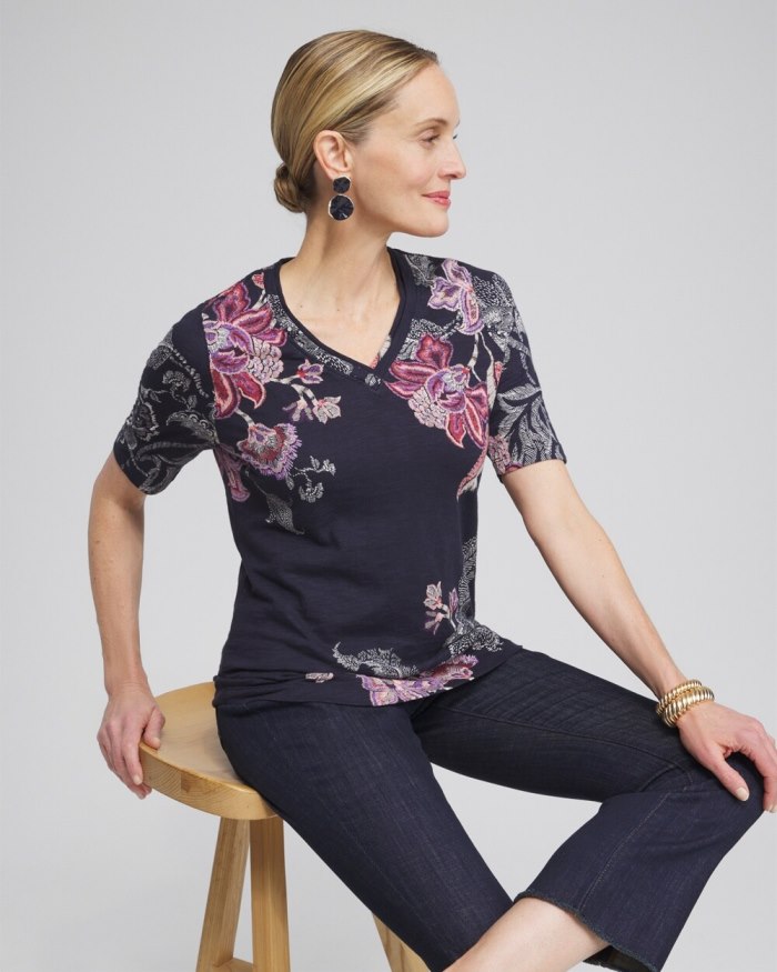 Chicos Placed Floral Elbow Sleeve A-line Tee - Ginger Rose Chicos Placed Floral Elbow Sleeve A-line Tee - Ginger Rose