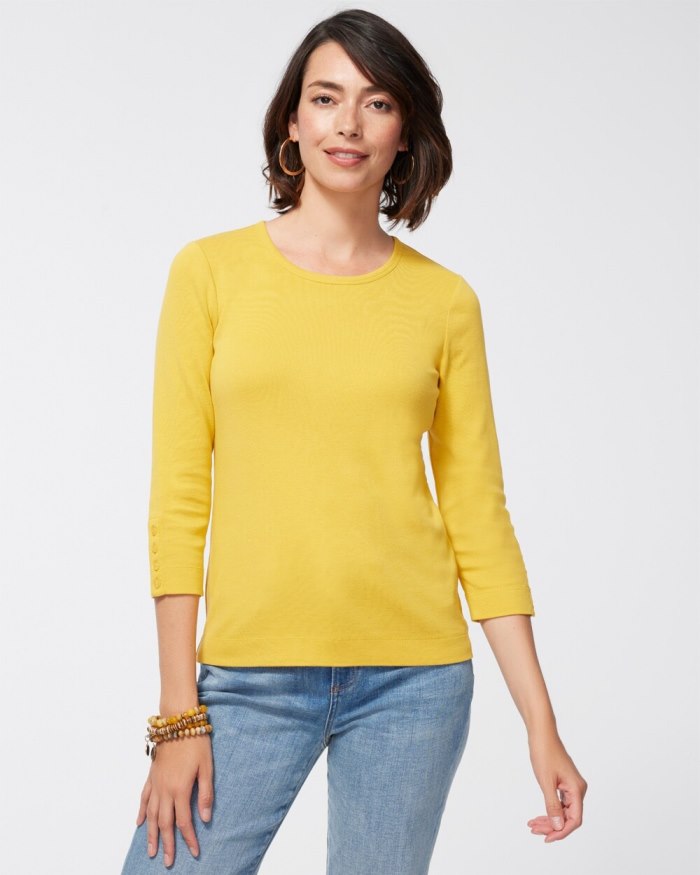 Chicos Pima 3/4 Sleeve Everyday Tee - Bright Ochre Chicos Pima 3/4 Sleeve Everyday Tee - Bright Ochre