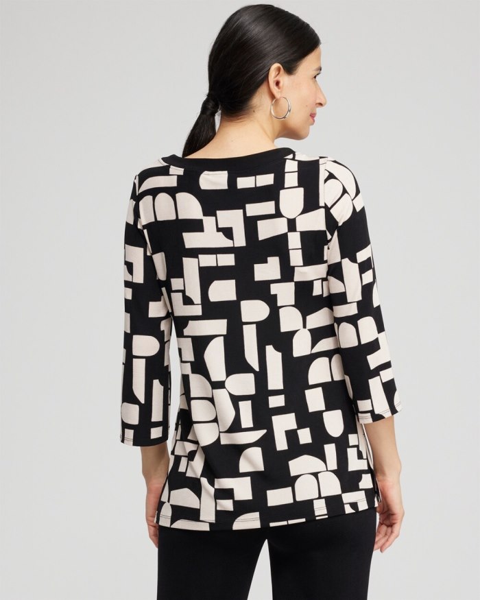 Chicos Travelers Block Print Split Neck Top - Smokey Taupe Chicos Travelers Block Print Split Neck Top - Smokey Taupe