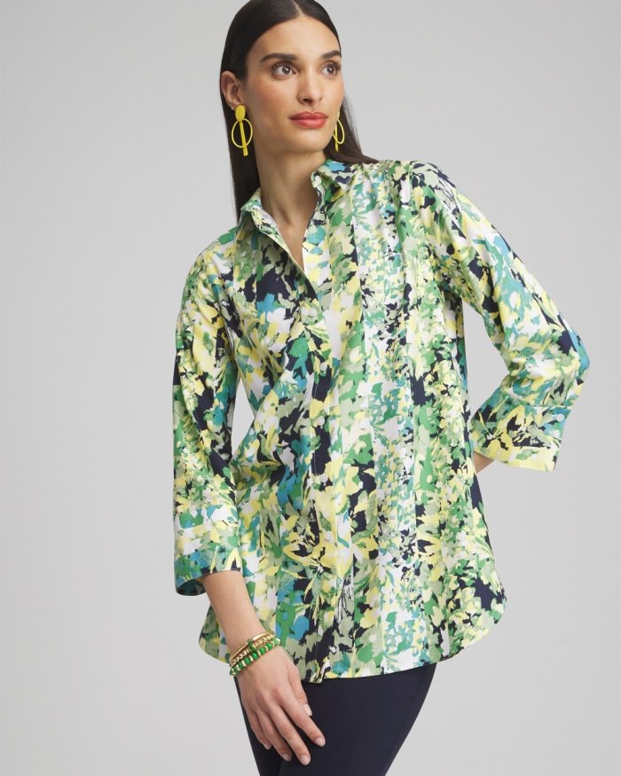 Chicos No Iron Stretch Floral 3/4 Sleeve Tunic - Verdant Green Chicos No Iron Stretch Floral 3/4 Sleeve Tunic - Verdant Green