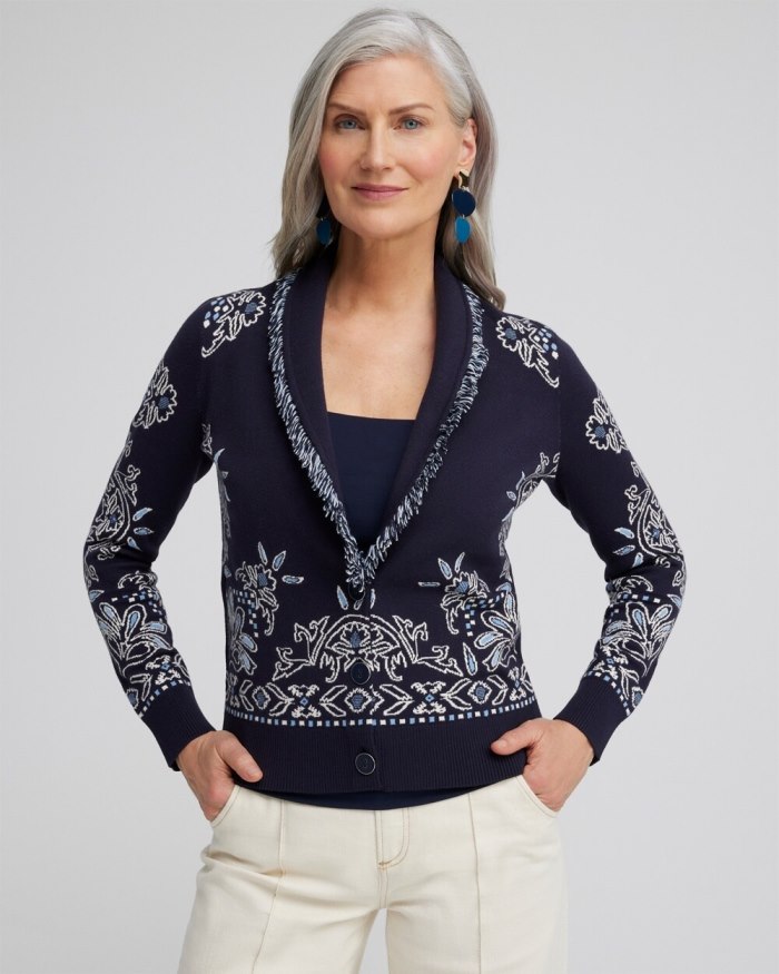 Chicos Shawl Neck Cropped Cardigan - Classic Navy Chicos Shawl Neck Cropped Cardigan - Classic Navy