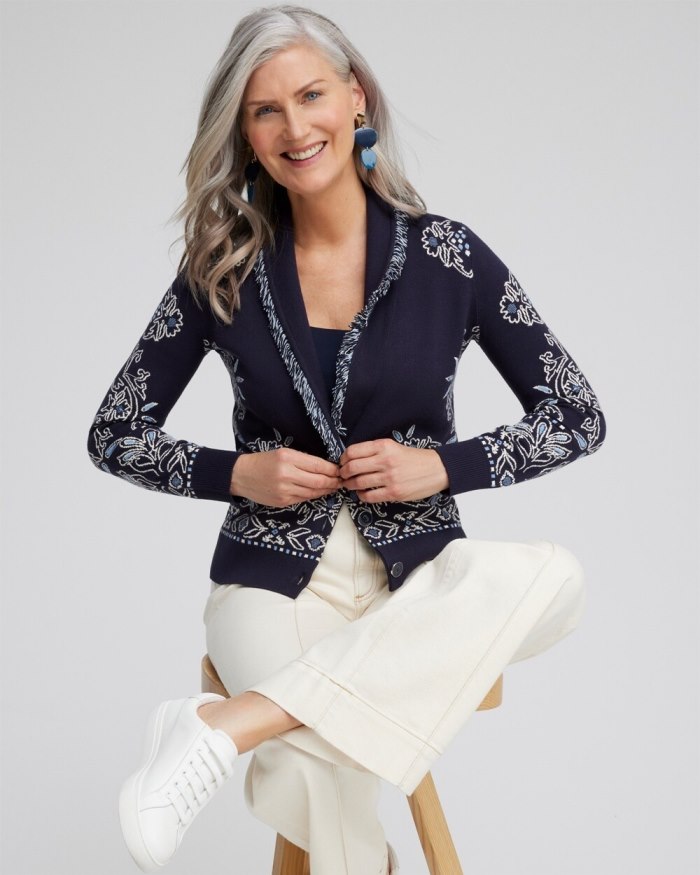 Chicos Shawl Neck Cropped Cardigan - Classic Navy Chicos Shawl Neck Cropped Cardigan - Classic Navy