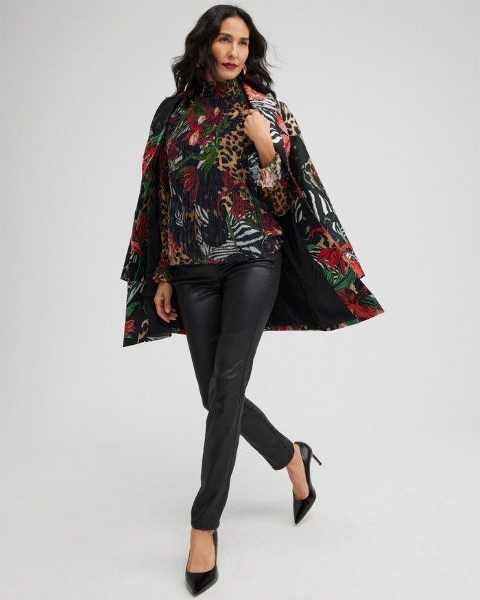 Chicos Mock Neck Mixed Print Metallic Crinkle Top - Black Chicos Mock Neck Mixed Print Metallic Crinkle Top - Black