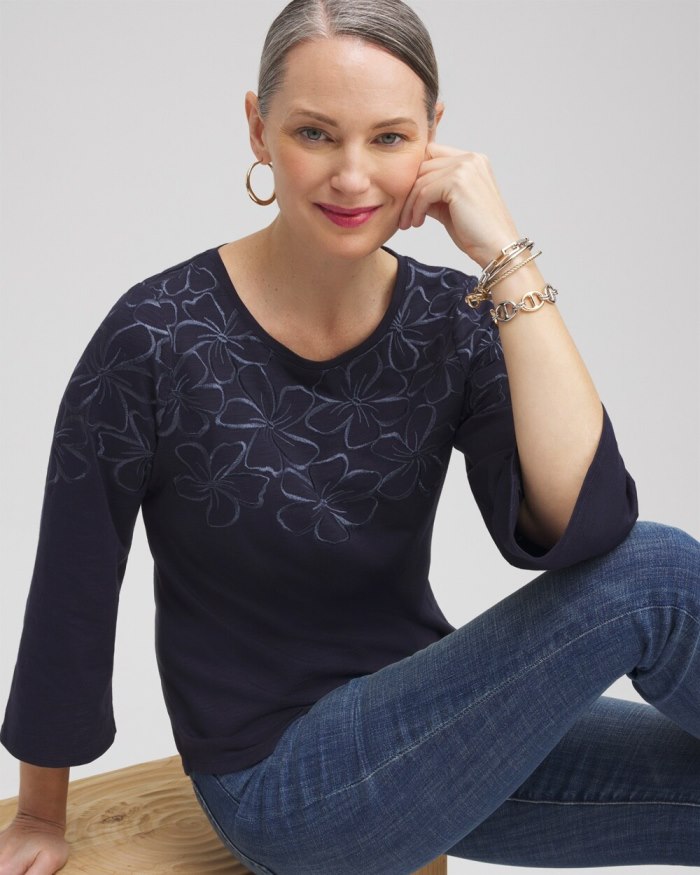 Chicos Floral Embroidered 3/4 Sleeve Top - Classic Navy Chicos Floral Embroidered 3/4 Sleeve Top - Classic Navy