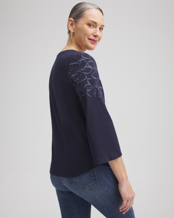 Chicos Floral Embroidered 3/4 Sleeve Top - Classic Navy Chicos Floral Embroidered 3/4 Sleeve Top - Classic Navy