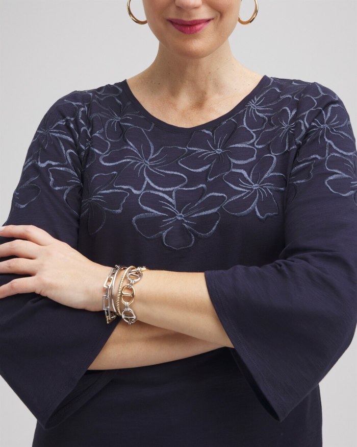 Chicos Floral Embroidered 3/4 Sleeve Top - Classic Navy Chicos Floral Embroidered 3/4 Sleeve Top - Classic Navy