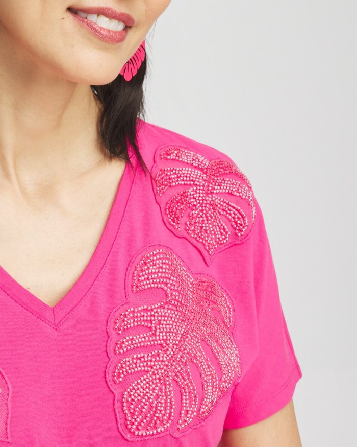 Chicos Beaded Cotton Stretch Tee - PINK BROMELIAD Chicos Beaded Cotton Stretch Tee - PINK BROMELIAD