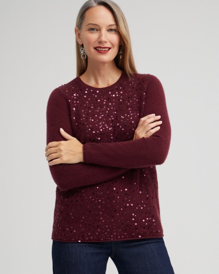 Chicos Cashmere Sequin Crew Neck Sweater - Merlot Chicos Cashmere Sequin Crew Neck Sweater - Merlot