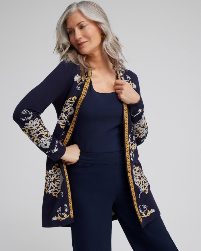 Chicos Embroidered Cardigan - Classic Navy Chicos Embroidered Cardigan - Classic Navy