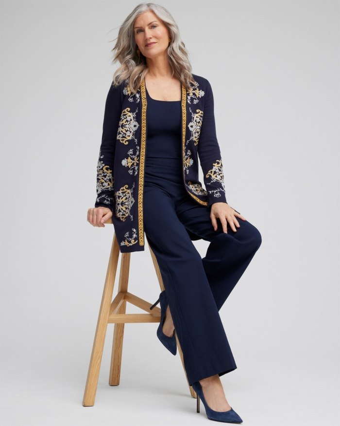 Chicos Embroidered Cardigan - Classic Navy Chicos Embroidered Cardigan - Classic Navy