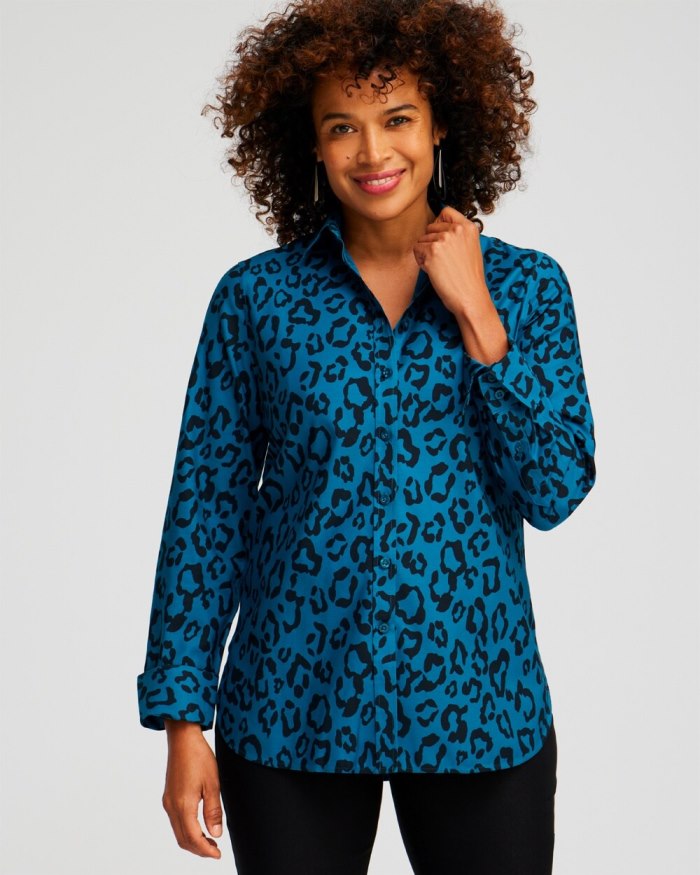 Chicos No Iron Stretch Animal Print Shirt - Moonlit Teal Chicos No Iron Stretch Animal Print Shirt - Moonlit Teal
