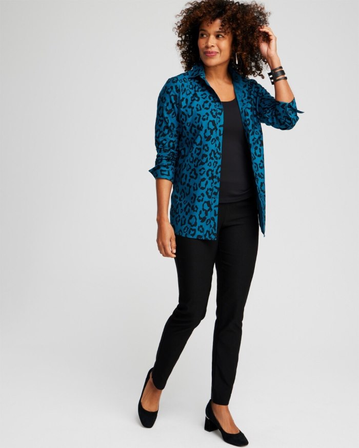 Chicos No Iron Stretch Animal Print Shirt - Moonlit Teal Chicos No Iron Stretch Animal Print Shirt - Moonlit Teal