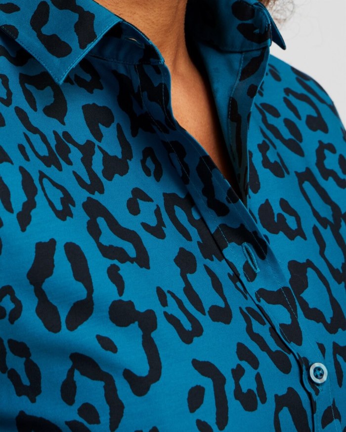 Chicos No Iron Stretch Animal Print Shirt - Moonlit Teal Chicos No Iron Stretch Animal Print Shirt - Moonlit Teal