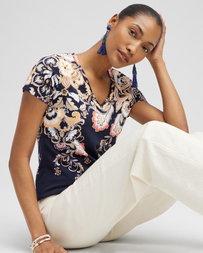 Chicos Scrolls V-neck Perfect Tee - Classic Navy Chicos Scrolls V-neck Perfect Tee - Classic Navy