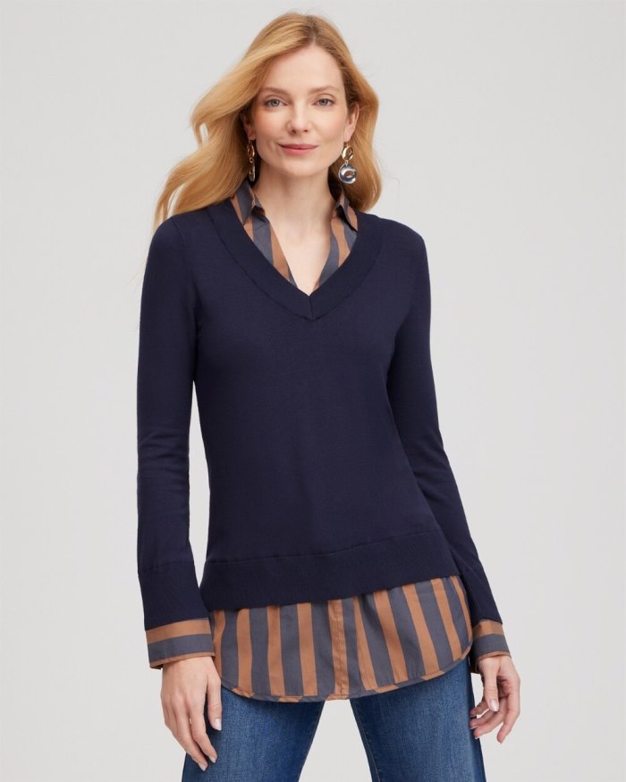 Chicos Stripe Built-in Shirt Sweater - Classic Navy Chicos Stripe Built-in Shirt Sweater - Classic Navy