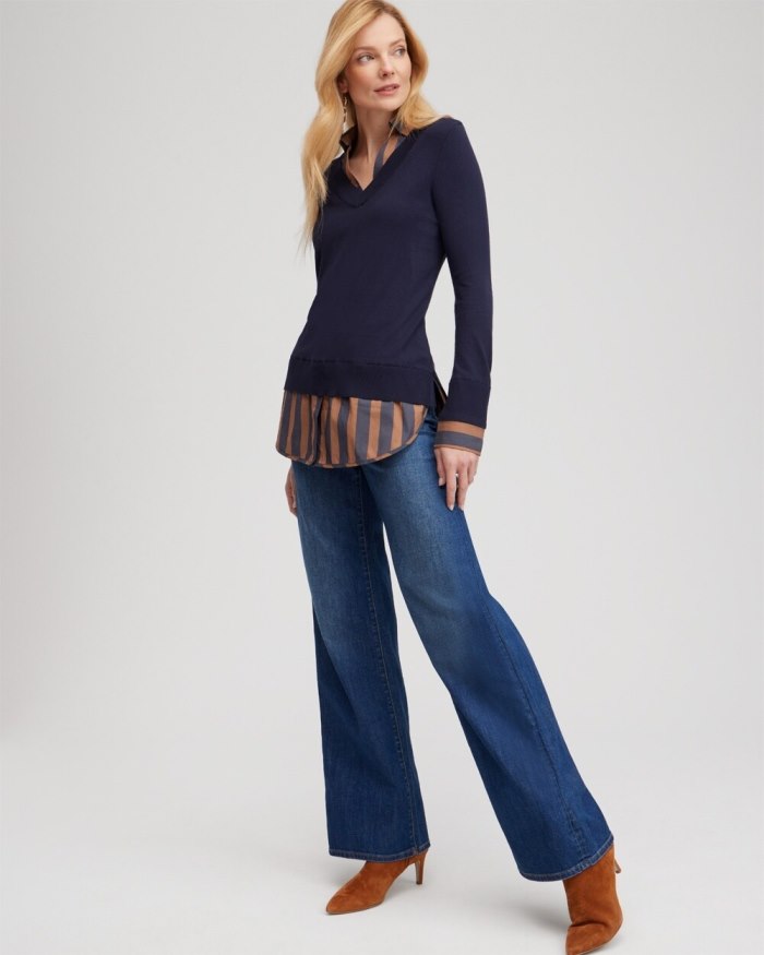 Chicos Stripe Built-in Shirt Sweater - Classic Navy Chicos Stripe Built-in Shirt Sweater - Classic Navy