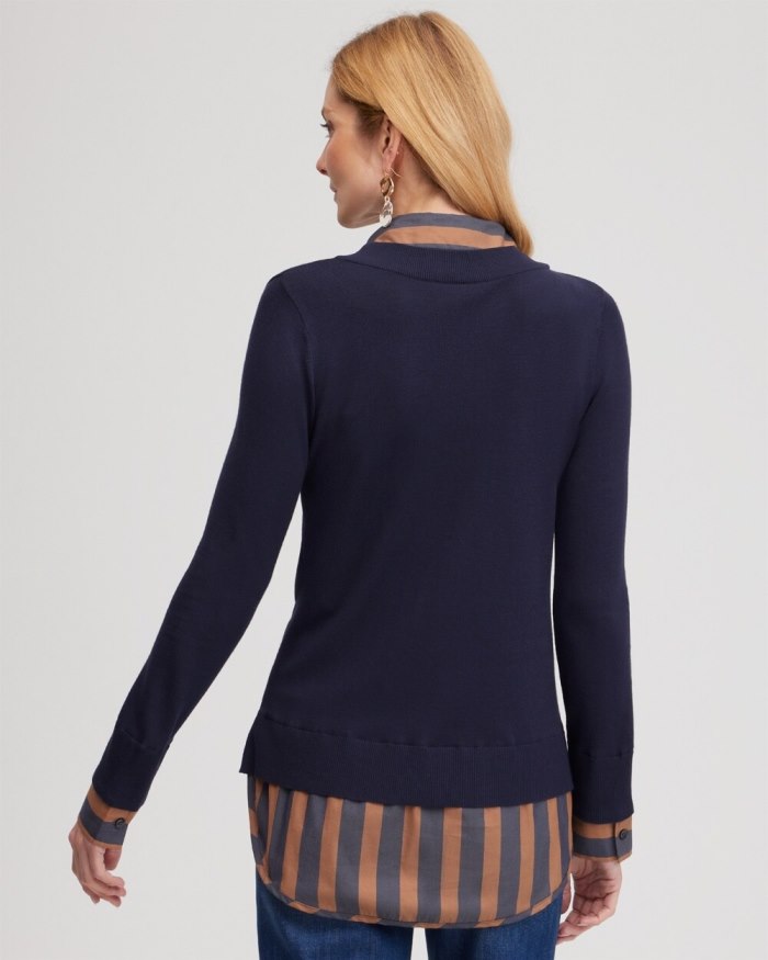 Chicos Stripe Built-in Shirt Sweater - Classic Navy Chicos Stripe Built-in Shirt Sweater - Classic Navy