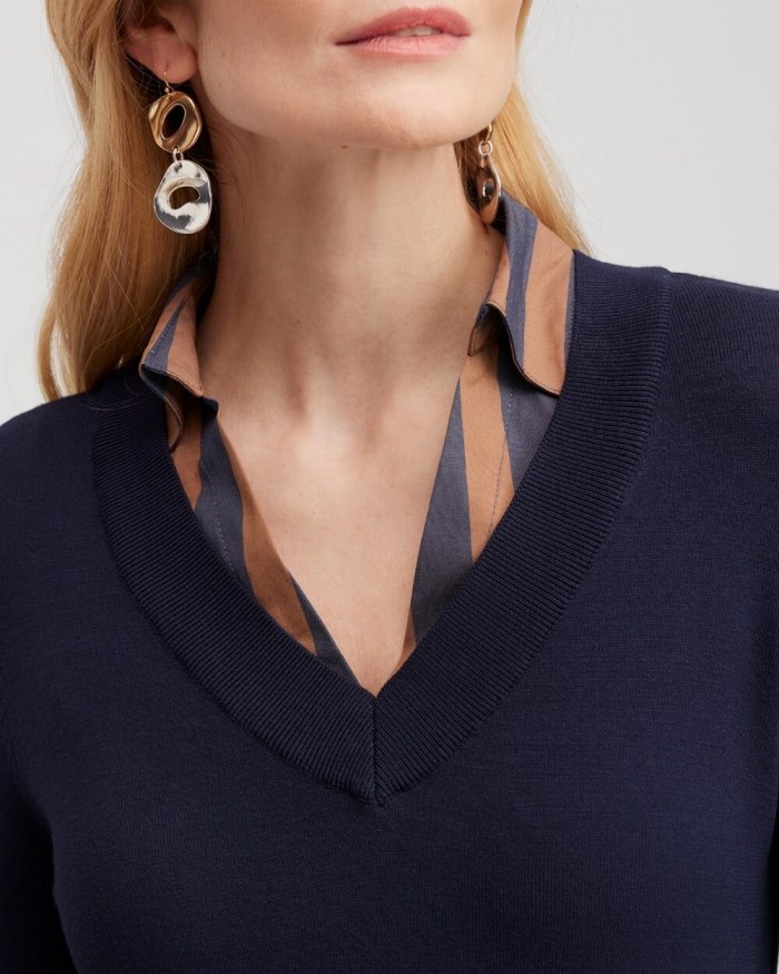 Chicos Stripe Built-in Shirt Sweater - Classic Navy Chicos Stripe Built-in Shirt Sweater - Classic Navy