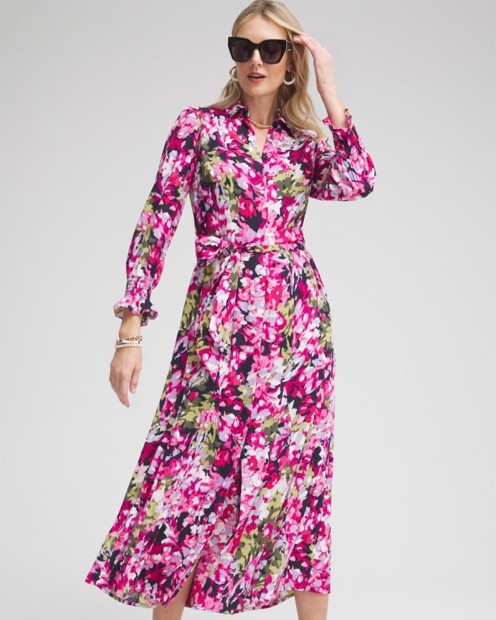 Chicos Pink Floral Maxi Shirt Dress - Multi Chicos Pink Floral Maxi Shirt Dress - Multi