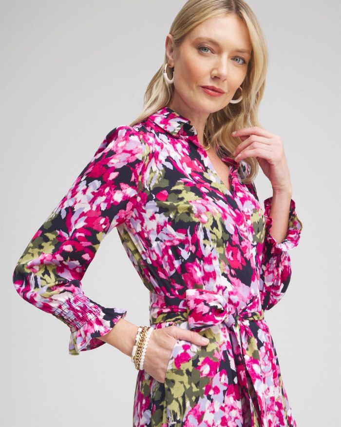 Chicos Pink Floral Maxi Shirt Dress - Multi Chicos Pink Floral Maxi Shirt Dress - Multi