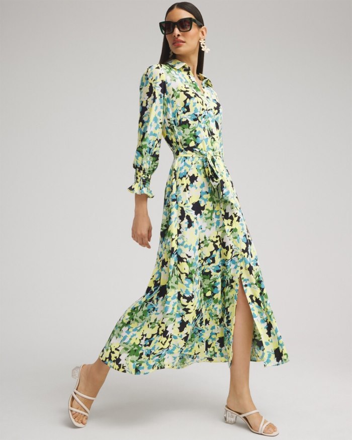 Chicos Yellow Floral Maxi Shirt Dress - Classic Navy Chicos Yellow Floral Maxi Shirt Dress - Classic Navy