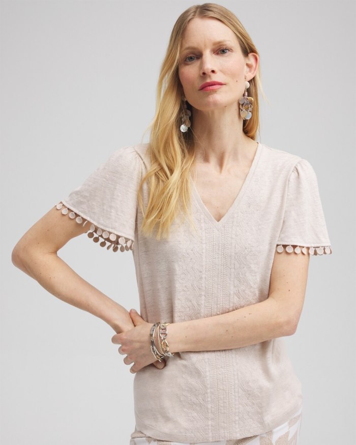 Chicos Linen Embroidered Flutter Sleeve Top - Smokey Taupe Chicos Linen Embroidered Flutter Sleeve Top - Smokey Taupe