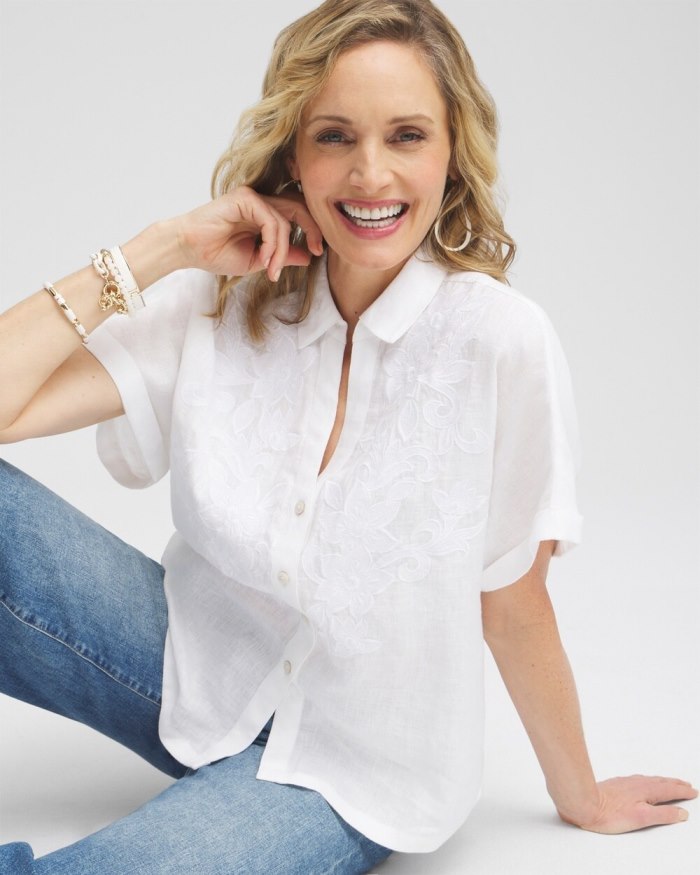 Chicos Linen Embroidered Applique Shirt - Alabaster Chicos Linen Embroidered Applique Shirt - Alabaster