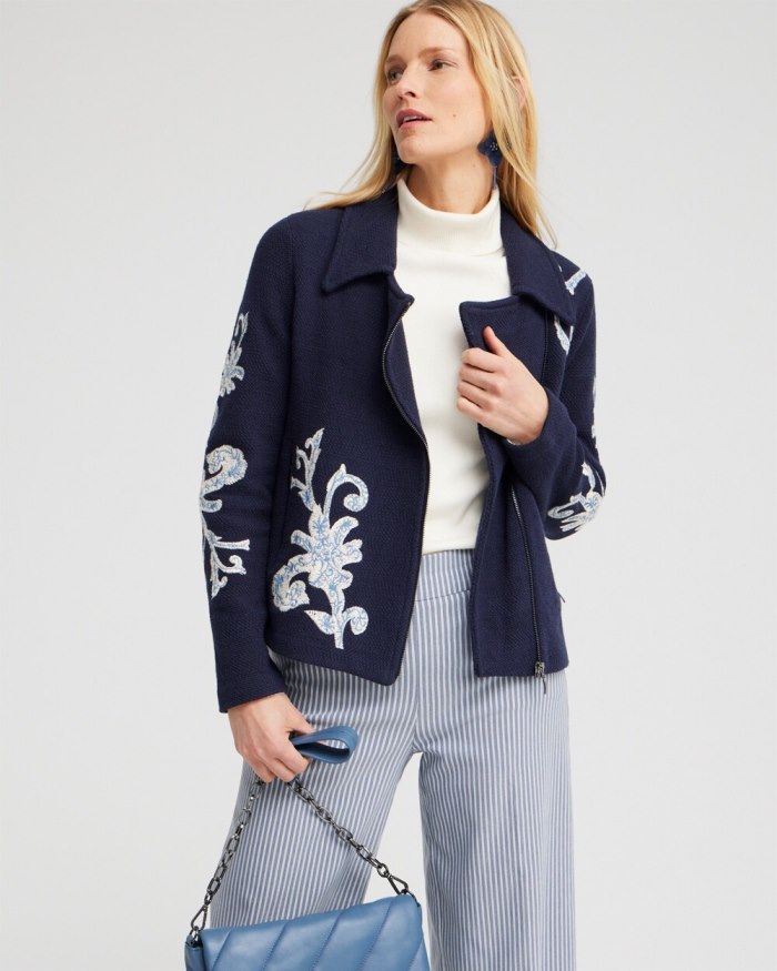 Chicos Embroidered Moto Jacket - Classic Navy Chicos Embroidered Moto Jacket - Classic Navy