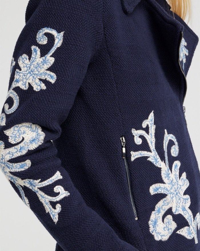 Chicos Embroidered Moto Jacket - Classic Navy Chicos Embroidered Moto Jacket - Classic Navy