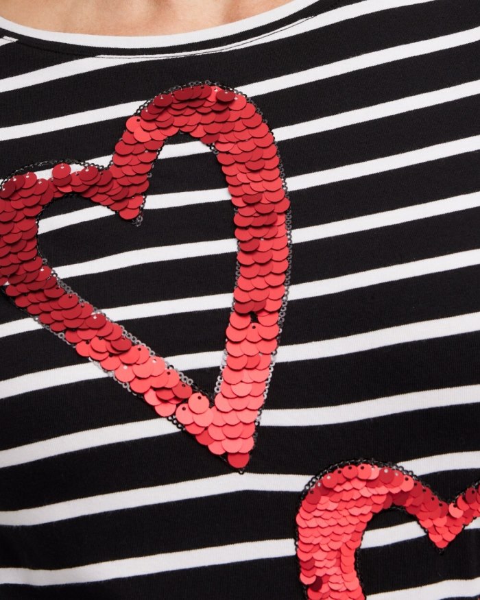 Chicos Stripe Sequin Hearts Tee - Black Chicos Stripe Sequin Hearts Tee - Black