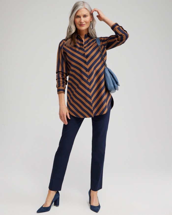 Chicos No Iron Stretch Stripe Tunic - Classic Navy Chicos No Iron Stretch Stripe Tunic - Classic Navy