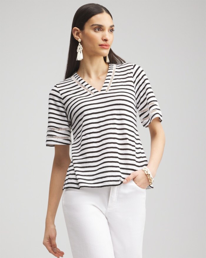 Chicos Linen Stripe Ladder Lace Tee - Alabaster Chicos Linen Stripe Ladder Lace Tee - Alabaster