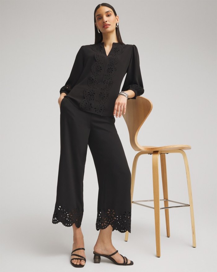 Chicos Satin Eyelet Hem Culottes - Black Chicos Satin Eyelet Hem Culottes - Black
