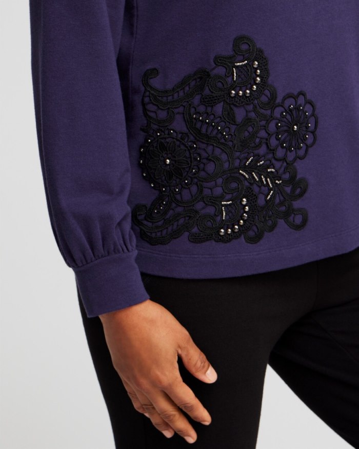 Chicos Zenergy French Terry Applique Sweatshirt - Dewberry Chicos Zenergy French Terry Applique Sweatshirt - Dewberry