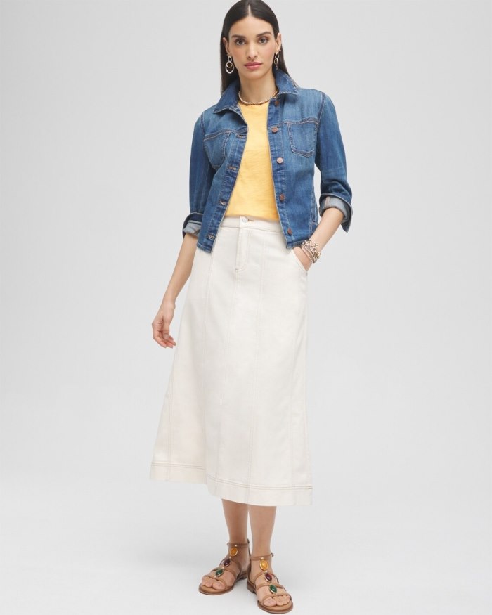 Chicos Seeded Denim Midi Skirt - Natural Seeded Chicos Seeded Denim Midi Skirt - Natural Seeded