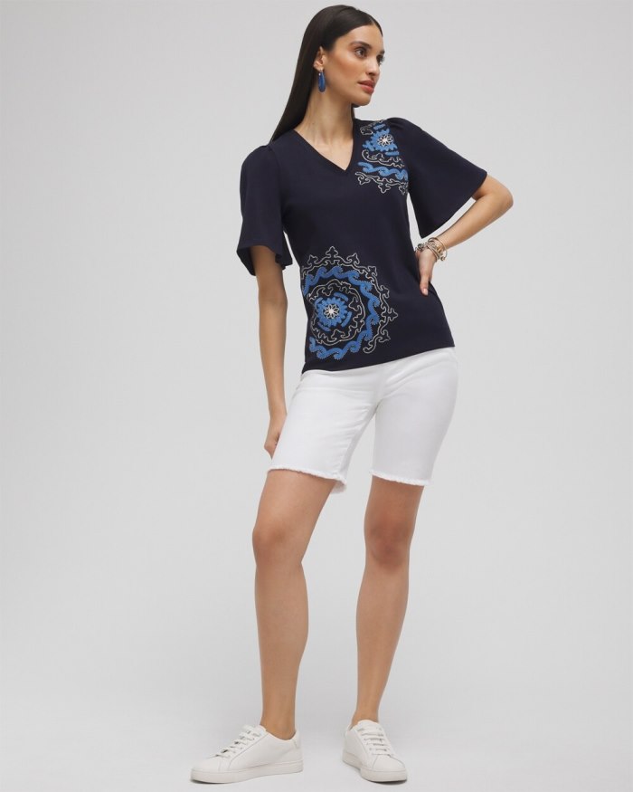 Chicos Embellished Flutter Sleeve Tee - Classic Navy Chicos Embellished Flutter Sleeve Tee - Classic Navy