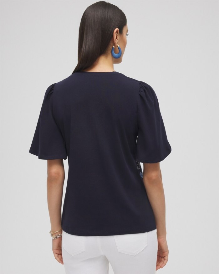 Chicos Embellished Flutter Sleeve Tee - Classic Navy Chicos Embellished Flutter Sleeve Tee - Classic Navy