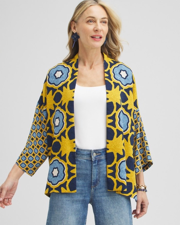 Chicos Geo Print Short Kimono - Blue Echo Chicos Geo Print Short Kimono - Blue Echo